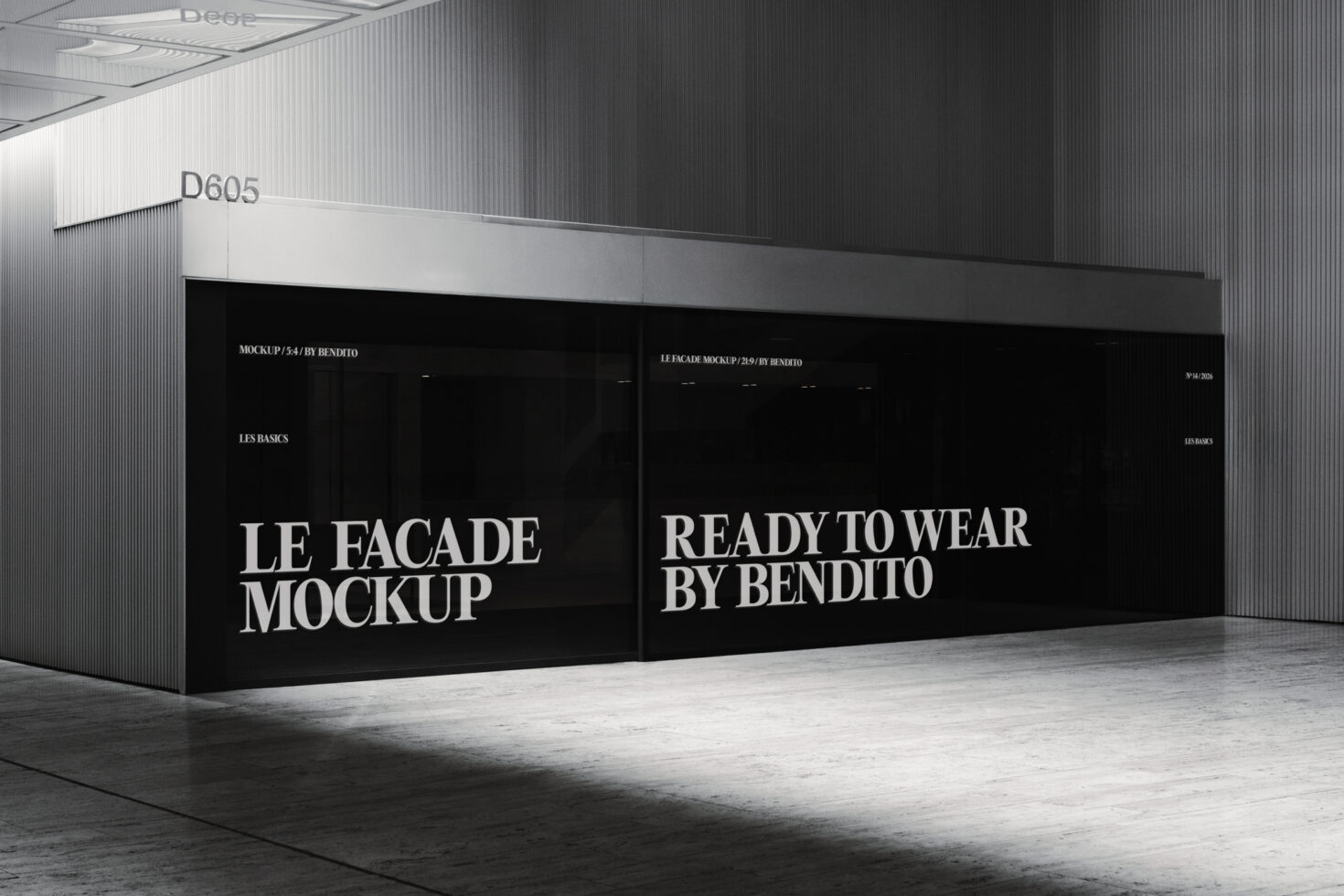 Storefront window mockup with black panels displaying Le Facade text in white