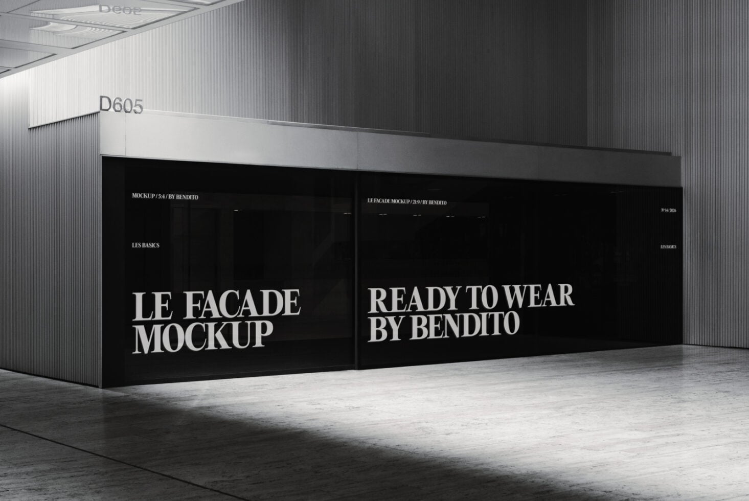 Industrial space mockup with large black signage for Le Facade retail display