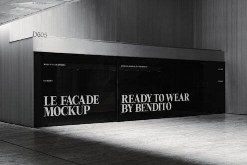 Industrial space mockup with large black signage for Le Facade retail display