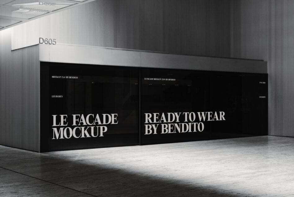 Industrial space mockup with large black signage for Le Facade retail display