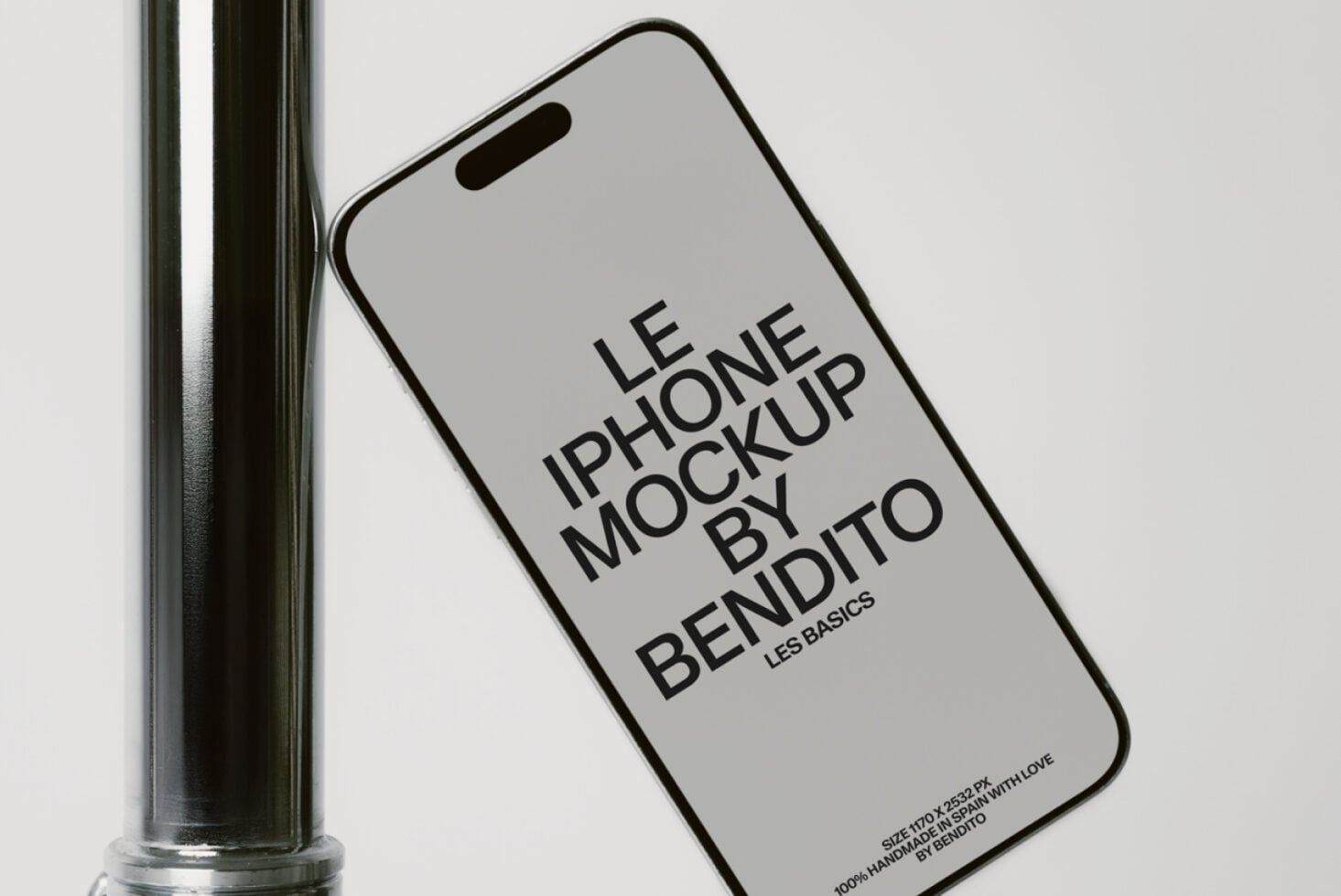 iPhone on metal pipe with light gray screen mockup in minimalist setup
