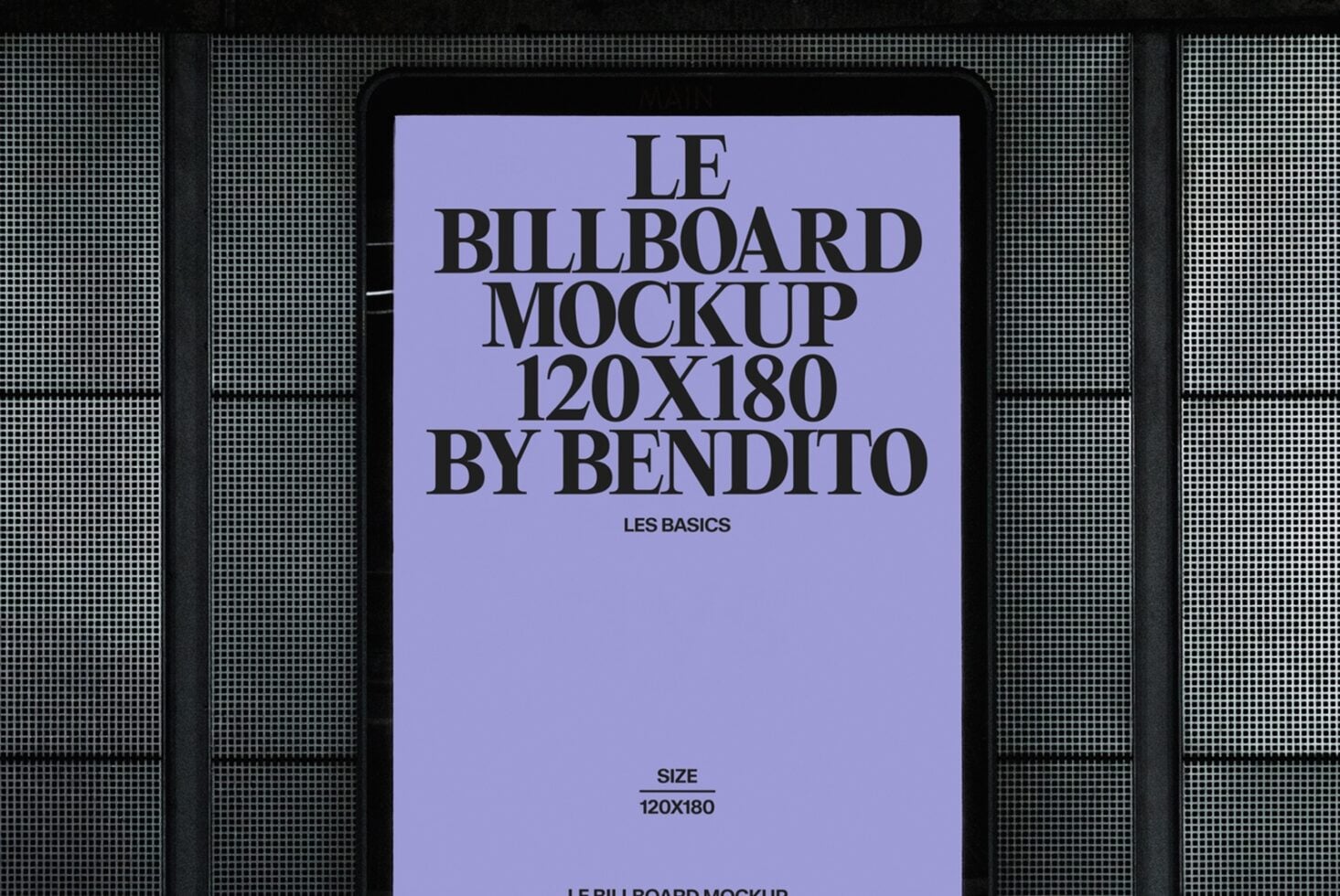 Lavender screen mockup with bold black text on industrial metal facade