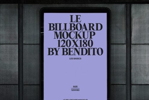 Lavender screen mockup with bold black text on industrial metal facade