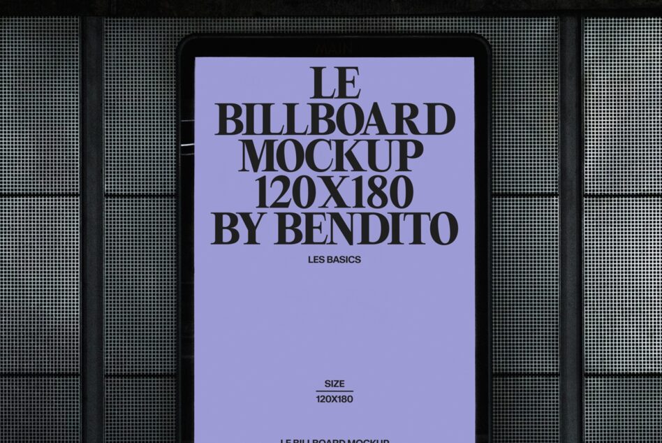 Lavender screen mockup with bold black text on industrial metal facade