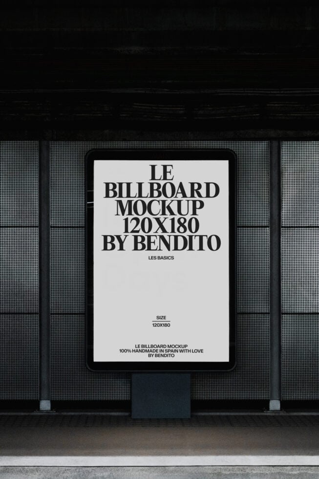 White digital billboard mockup on dark metal mesh background at night