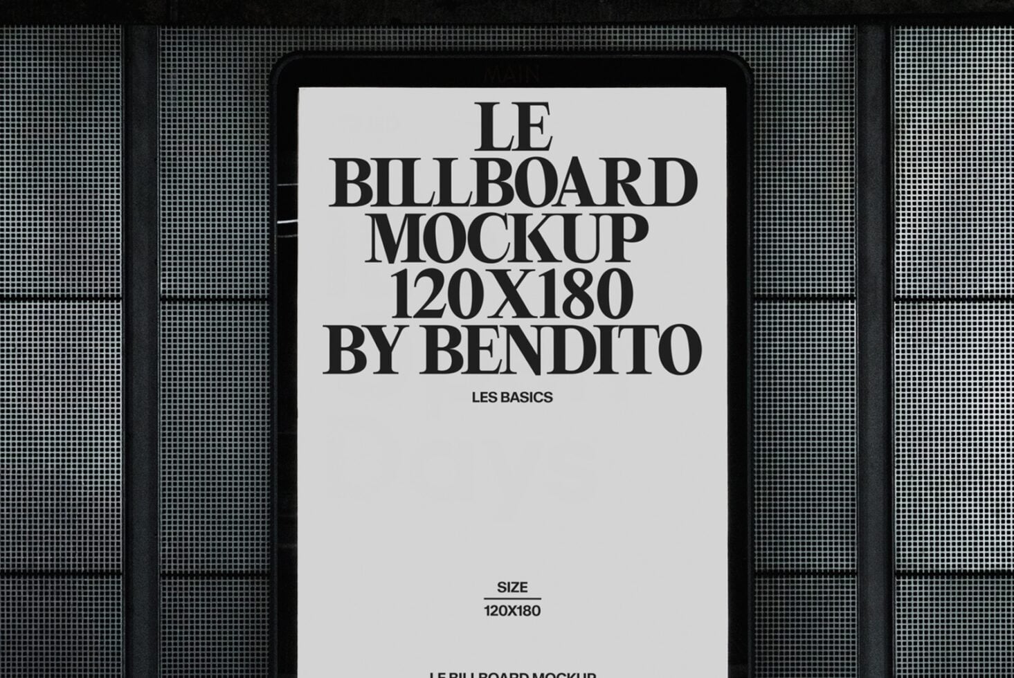 White display screen mockup mounted on dark perforated metal wall