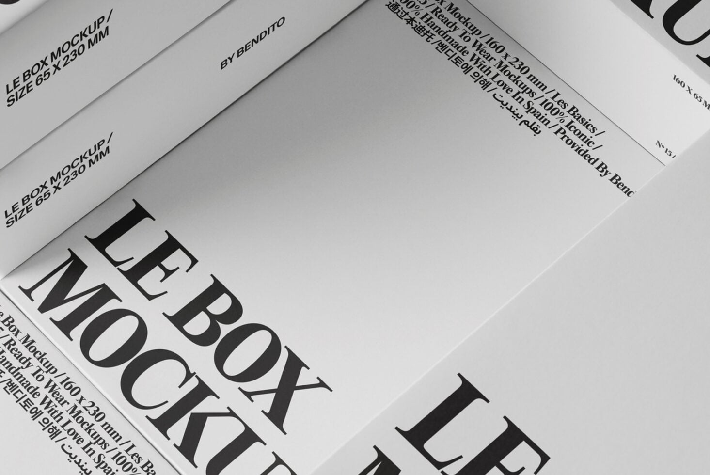 Stacked white le box mockups displaying serif typography