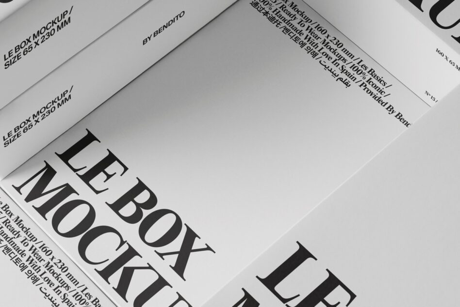 Stacked white le box mockups displaying serif typography