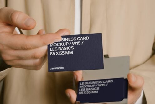 Dark blue business card close up showing mockup details clearly