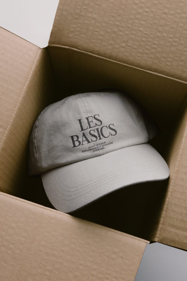 White embroidered baseball caps stacked in kraft cardboard box, top view