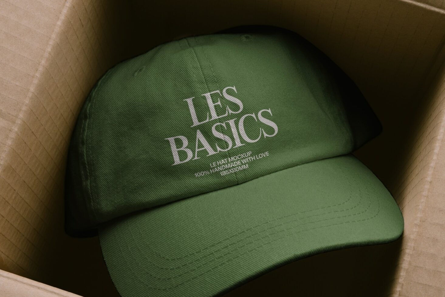 Green baseball cap with Les Basics branding nestled in cardboard box