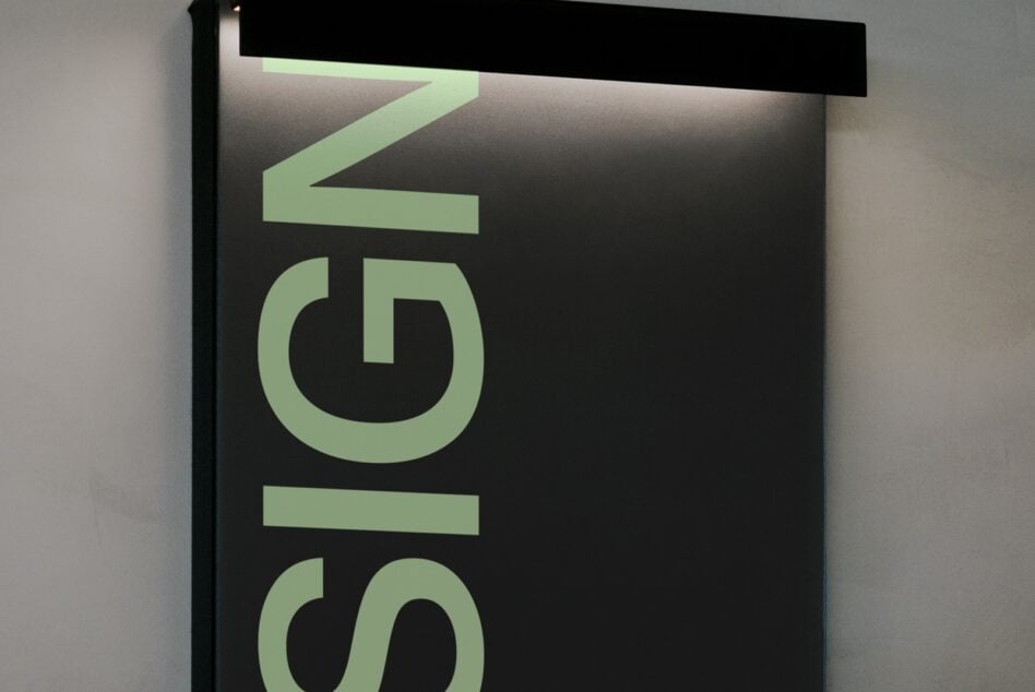 Wide neon green sign mockup with Le Siglo text glowing against dark interior space