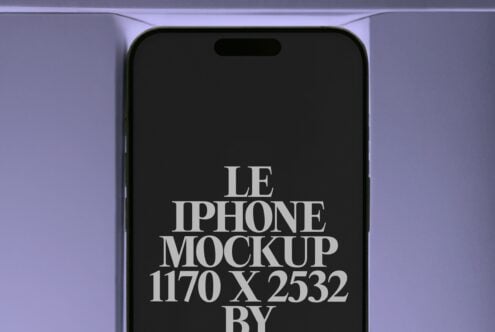 iPhone 14 Pro mockup on purple backdrop with dark screen facing forward
