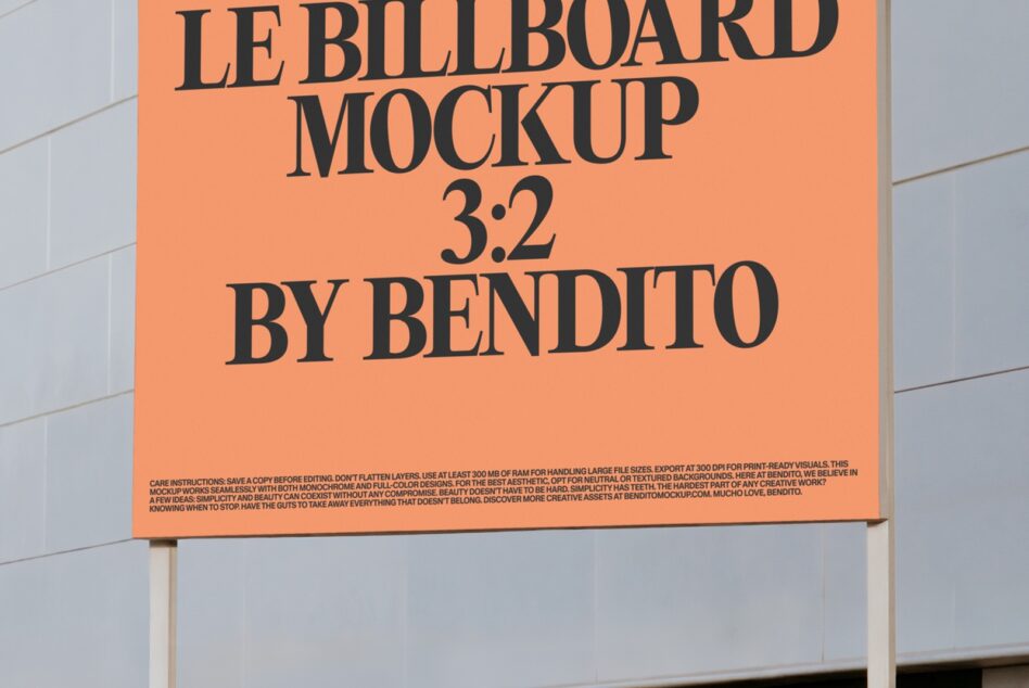 Bright orange billboard mockup with black text on modern architectural storefront
