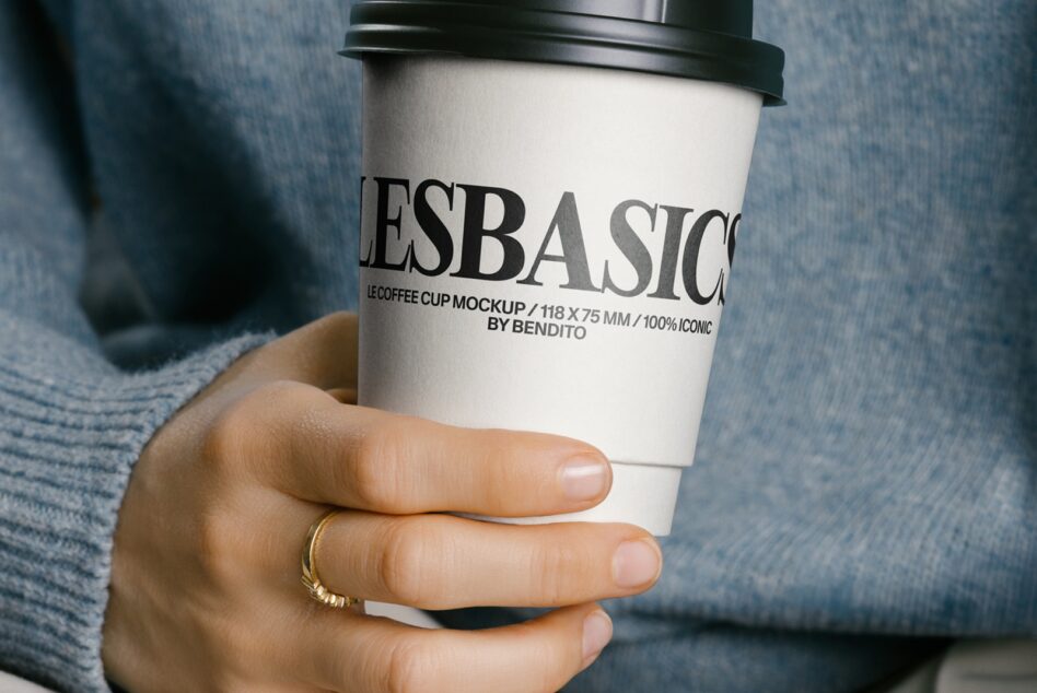 White coffee cup with black lid in hand wearing gold ring, blue fabric background