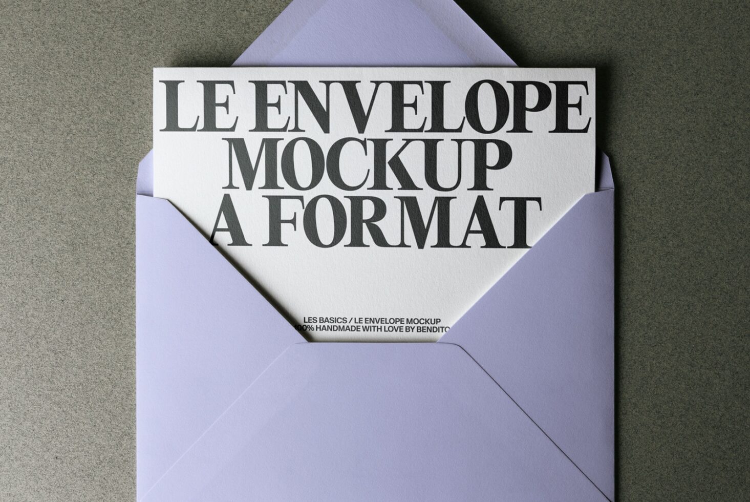 Lavender envelope mockup spread flat showing white card with serif type