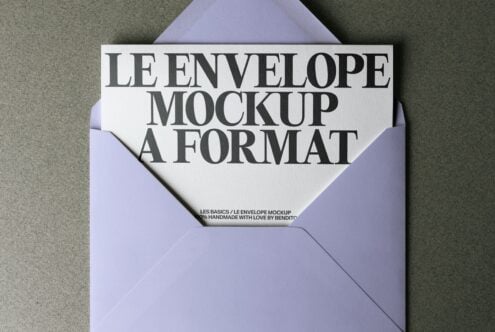 Lavender envelope mockup spread flat showing white card with serif type