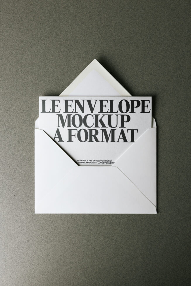 White envelope mockup open on green surface showing card inside