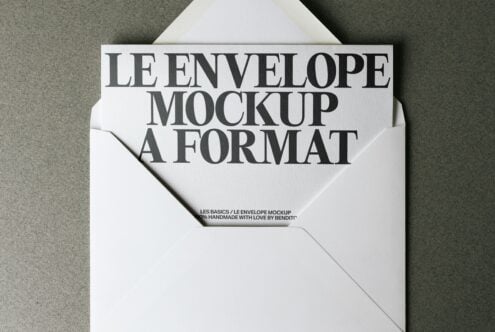 Cream envelope mockup spread flat showing white card with serif type