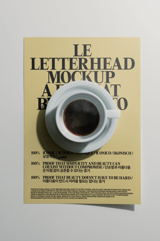 Cream letterhead mockup with coffee cup centered on yellow background