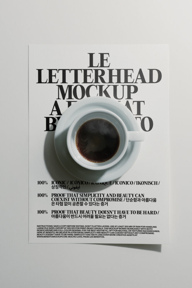 White letterhead with coffee cup mockup on neutral gray backdrop