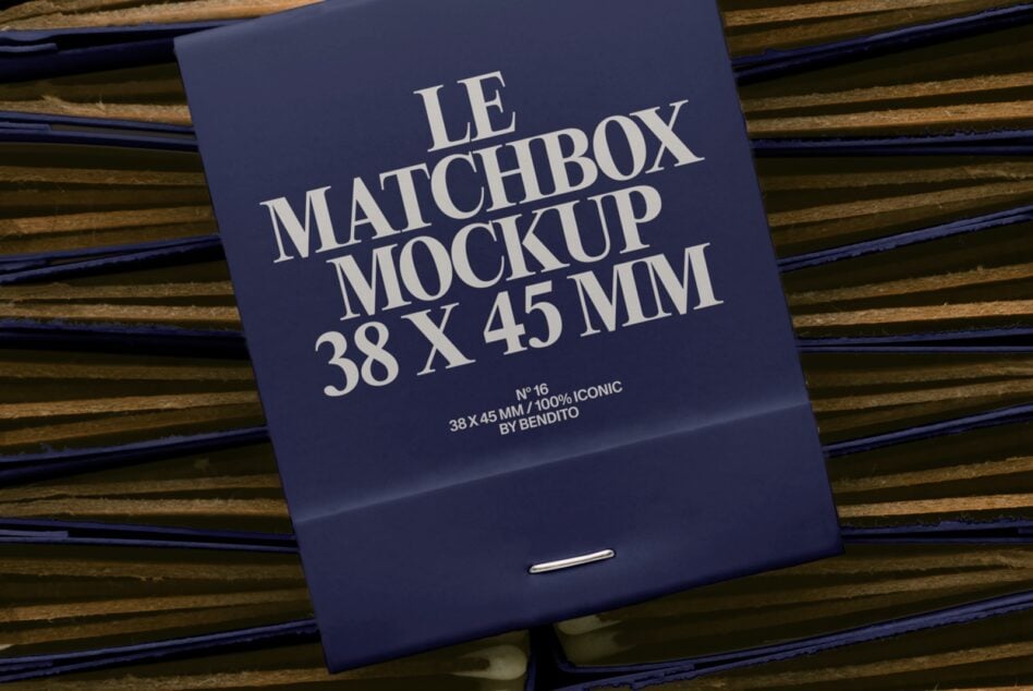 Navy matchbox on striped wood background with cream serif typography