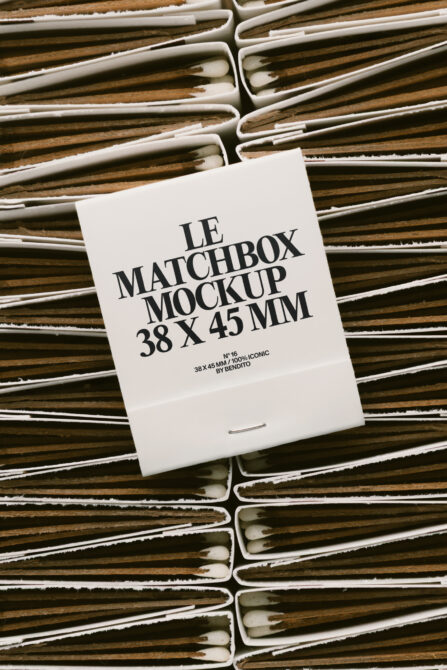 White matchbox mockup flat lay among natural wooden matches with white trim