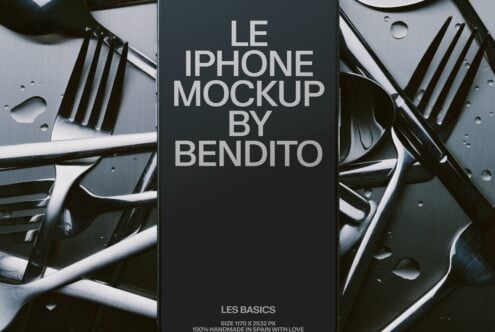 iPhone mockup on dark background surrounded by metallic tech parts