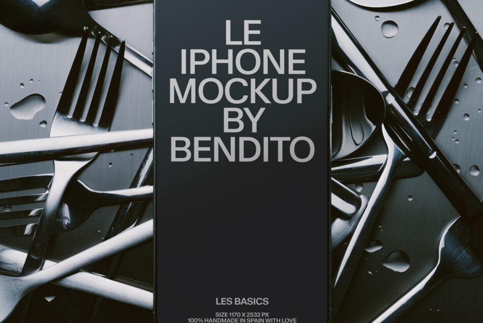 iPhone mockup on dark background surrounded by metallic tech parts