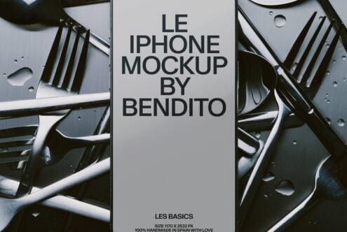 iPhone mockup with light background surrounded by metallic tech parts