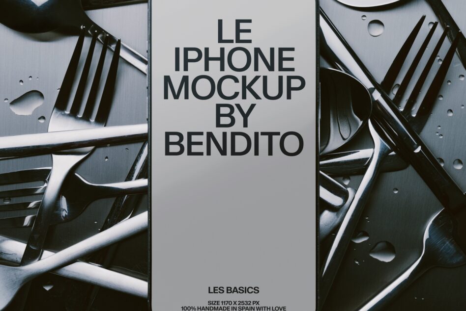 iPhone mockup with light background surrounded by metallic tech parts