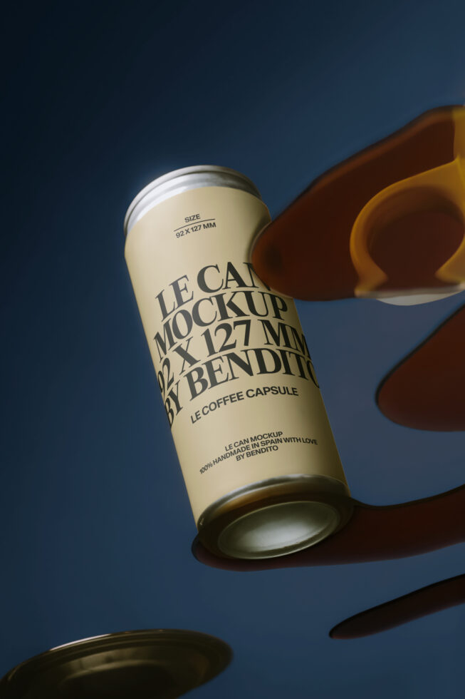 Cream coffee capsule can mockup with overlapping text on deep blue background with shadows