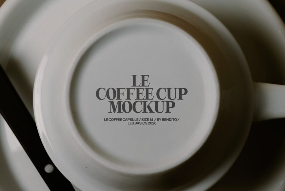 Overhead shot of stacked white ceramic cups with Le Coffee Cup Mockup text printed on bottom