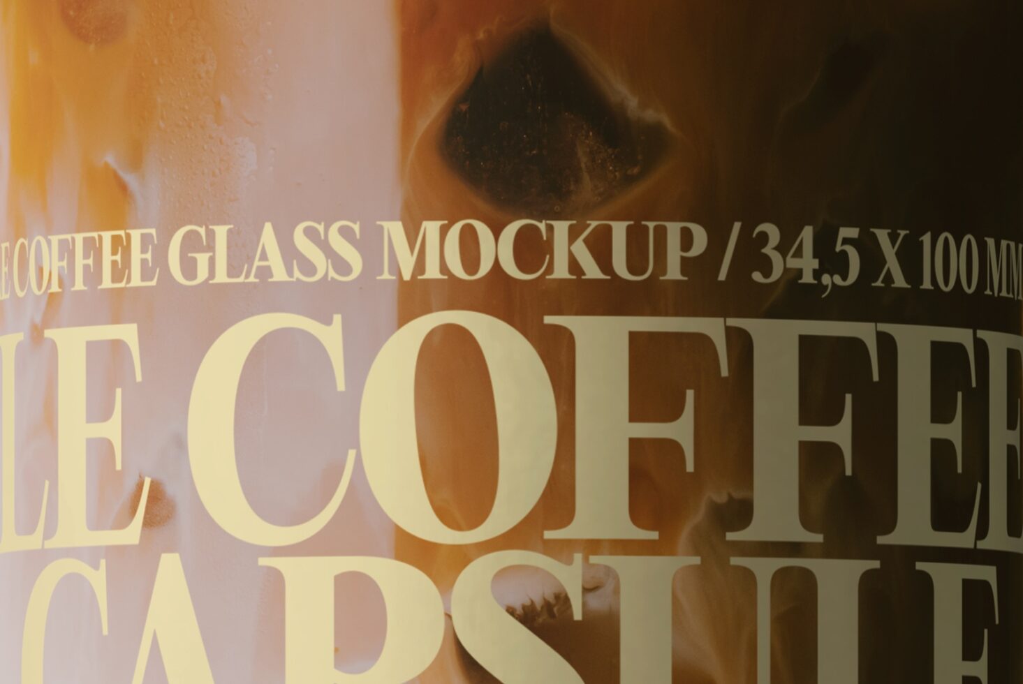 Iced coffee glass mockup with gold serif lettering overlay on neutral background