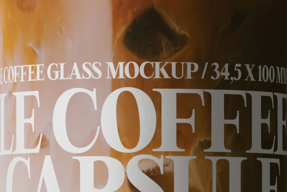 Close-up of coffee glass with bold white text overlay on warm brown background