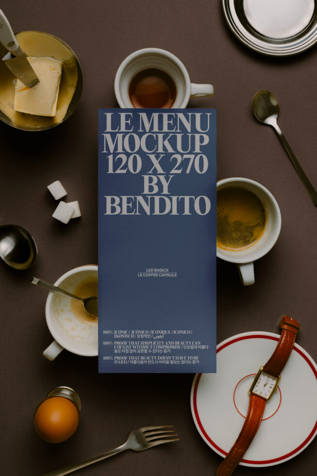 Blue menu card mockup surrounded by coffee cups butter cheese sugar watch flat lay