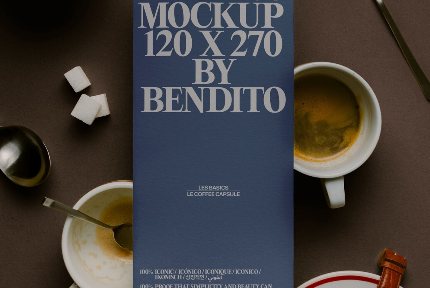 Blue menu card mockup 120x270 with coffee cups sugar cubes spoon visible