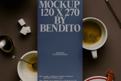 Blue menu card mockup 120x270 with coffee cups sugar cubes spoon visible