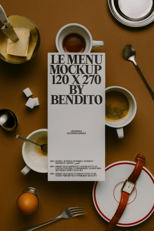 White menu card mockup surrounded by coffee cups butter cheese sugar watch flat lay