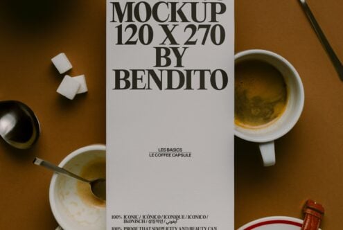 Poster mockup on ochre background surrounded by coffee cups, sugar cubes, spoon