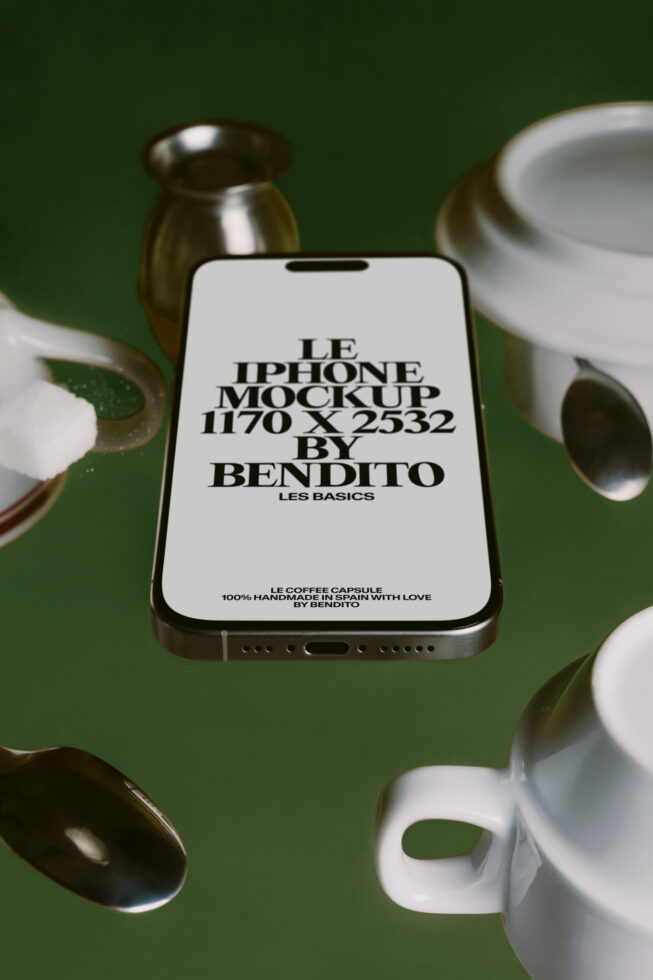 iPhone mockup on green background with white porcelain cups, brass vessel, sage leaf