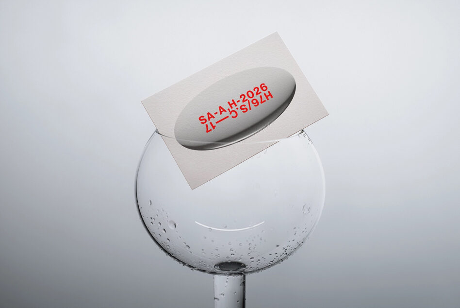 Red text stamped on curved glass sphere mockup floating above water