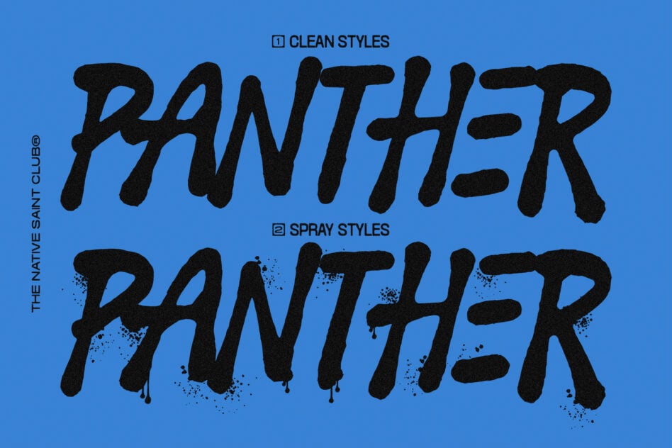 Blue display showing Panther font in clean uppercase letters over spray paint variant below