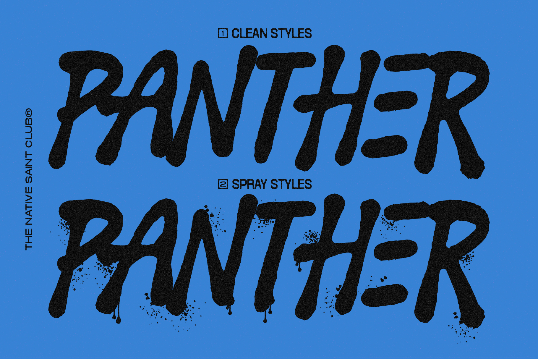 Blue display showing Panther font in clean uppercase letters over spray paint variant below