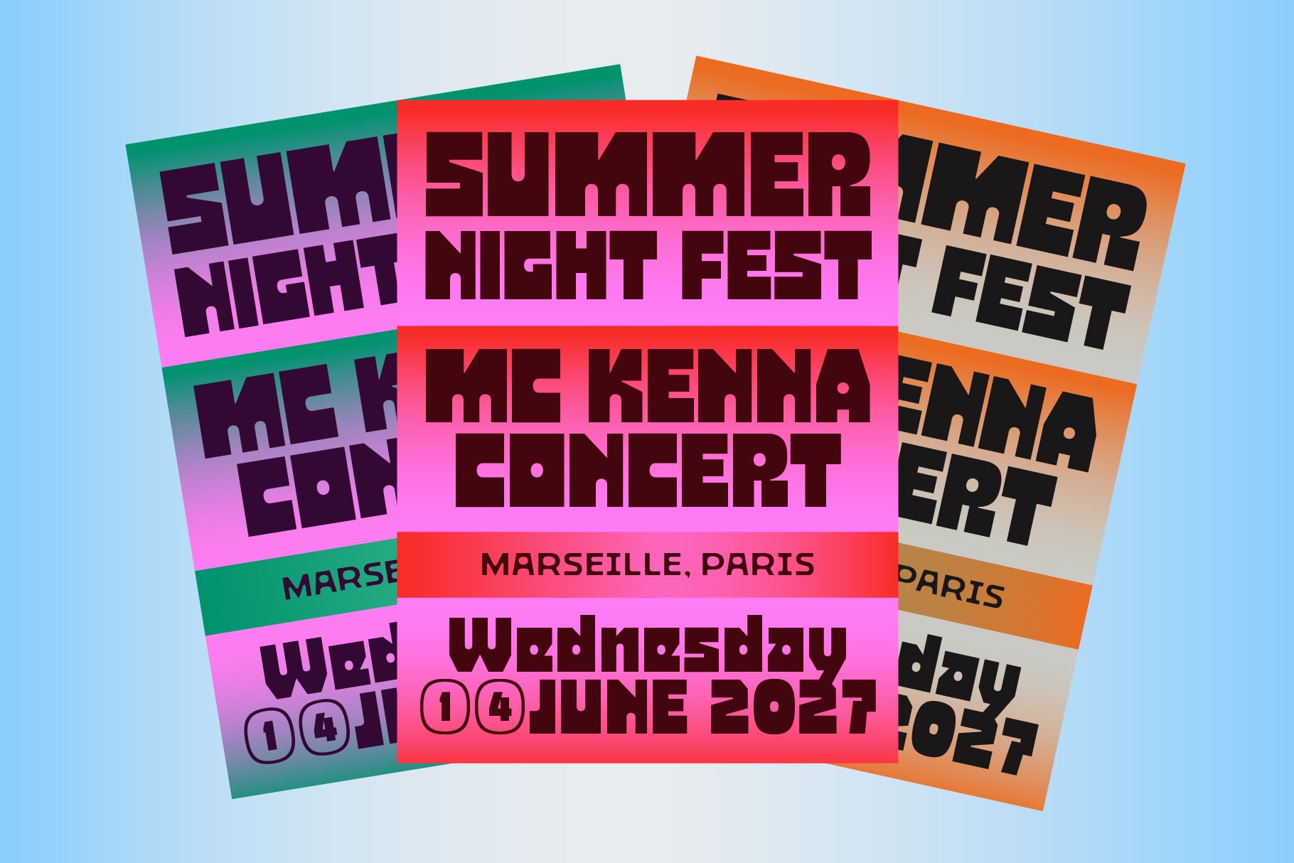Three overlapping colorful festival posters with event details layered