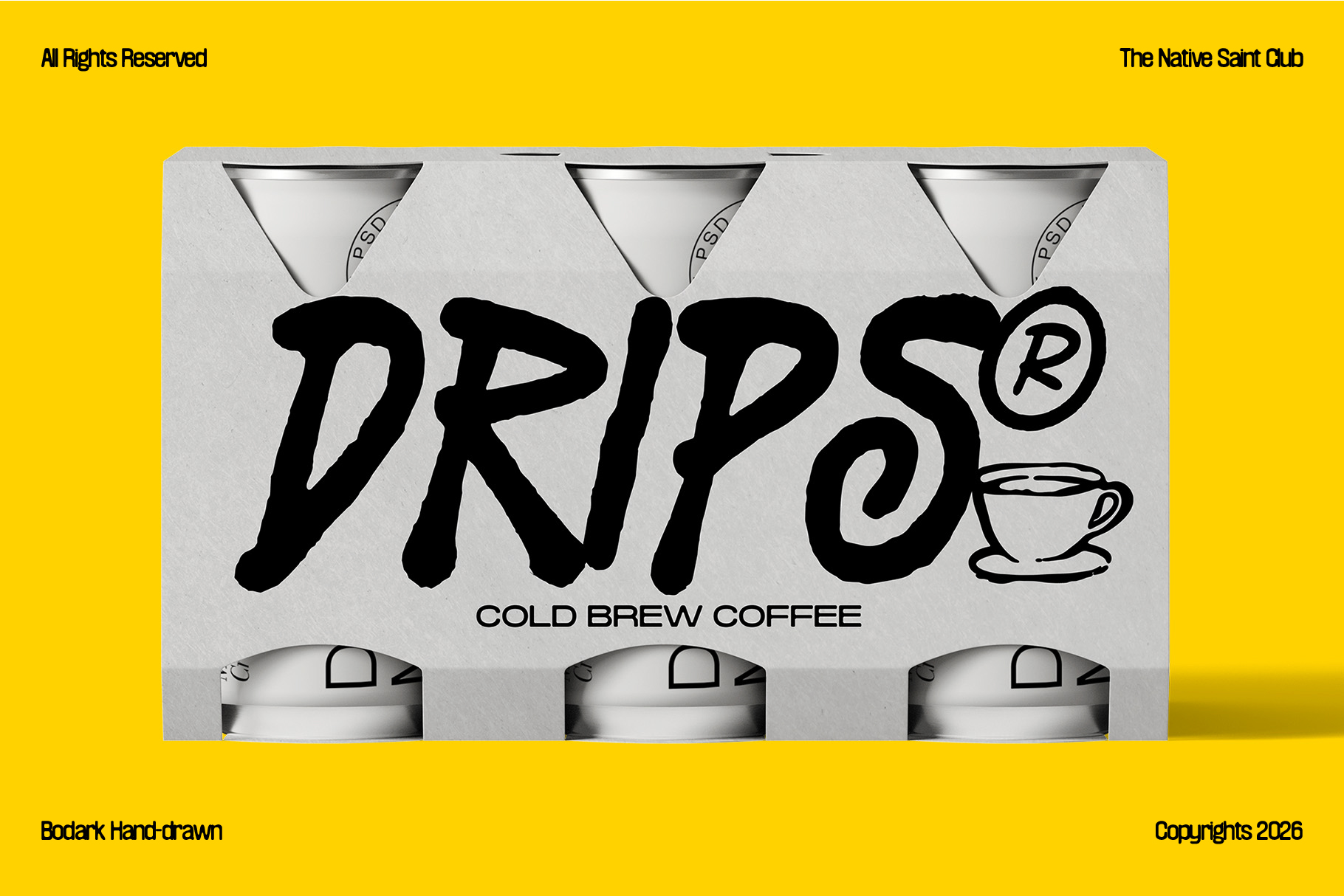 Cold brew coffee can mockup with bold black handwritten Drips lettering on yellow backdrop