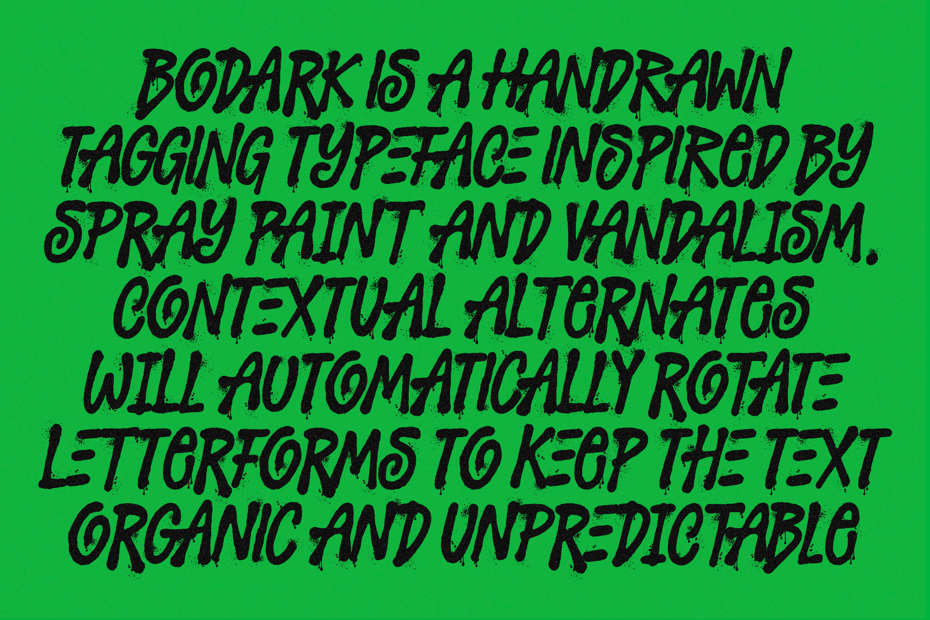 Green background with black handwritten tagline describing Bodark typeface spray paint features