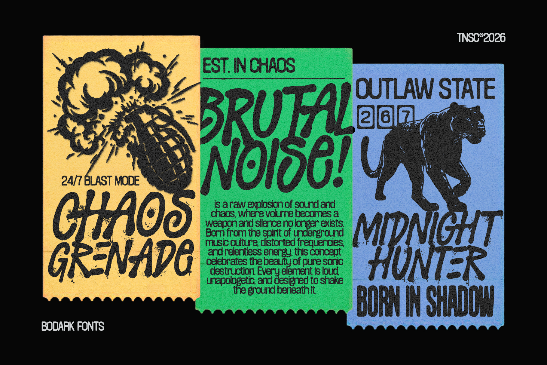 Colorful collage of three font style examples mixing typography with illustrated elements