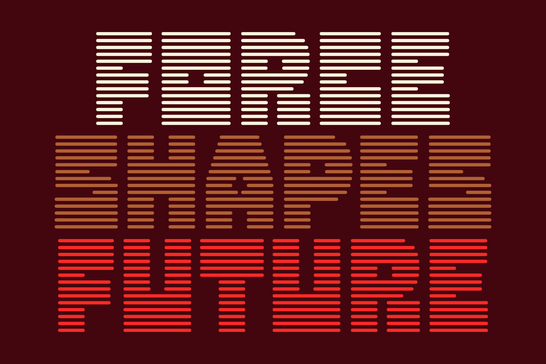 Striped text design in white, orange, red bars on dark maroon background
