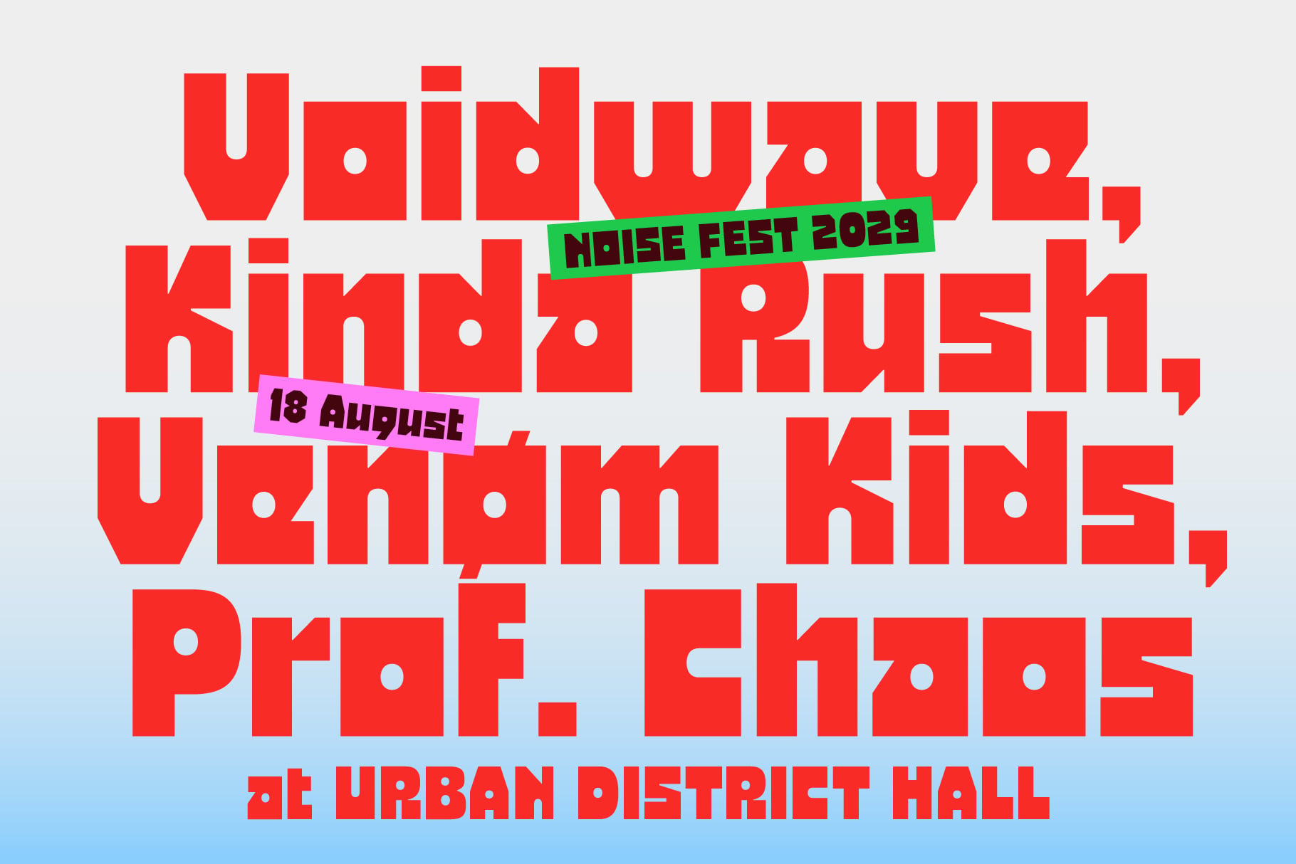 Red event poster with overlaid stickers for Noise Fest 2029 August 18